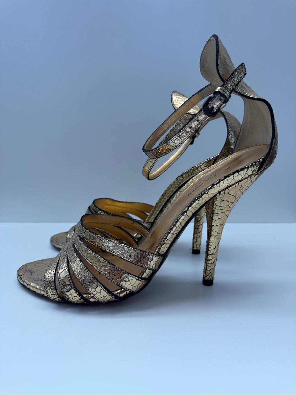 Bottega Veneta Metallic Gold Cracked-Texture Strappy Stiletto Sandals
